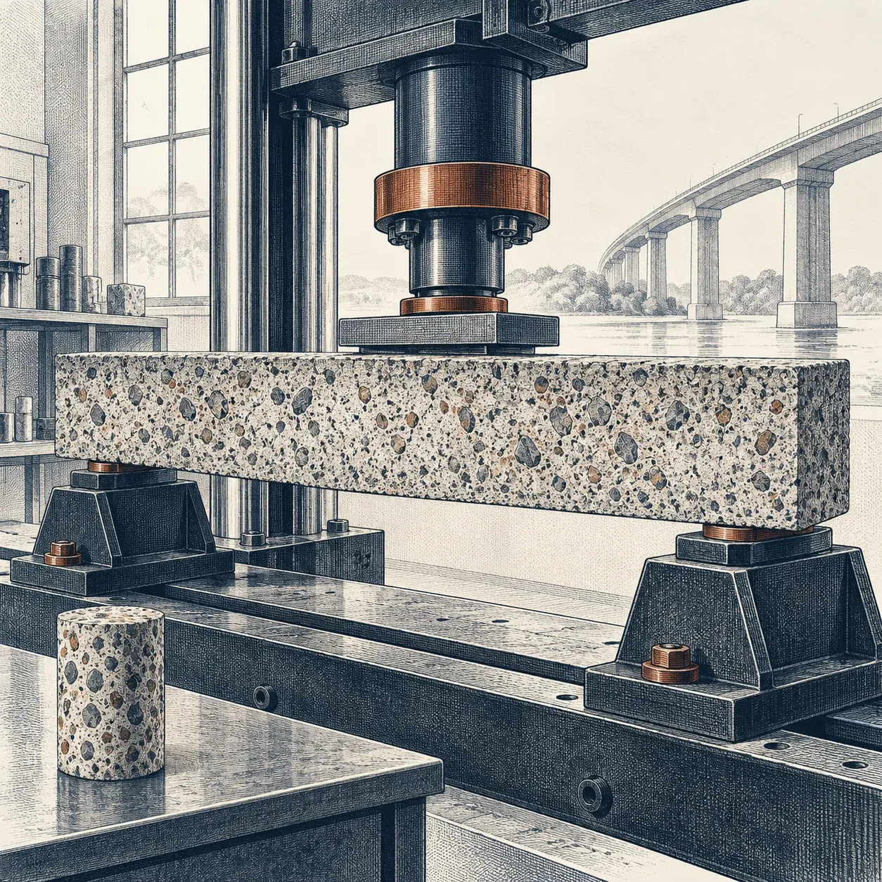 Engraved conceptual illustration of a concrete beam in laboratory testing equipment, with a bridge in the background.