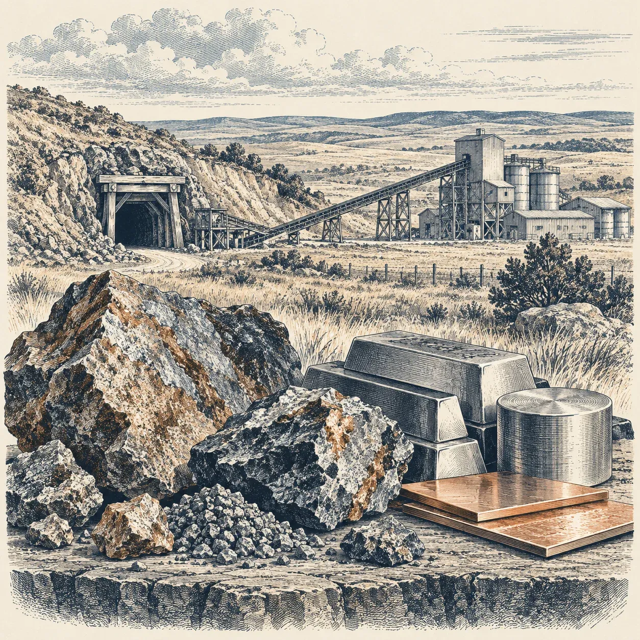 Engraved illustration of mineral rocks and metal samples in front of a conceptual mine and processing facility on open prairie.