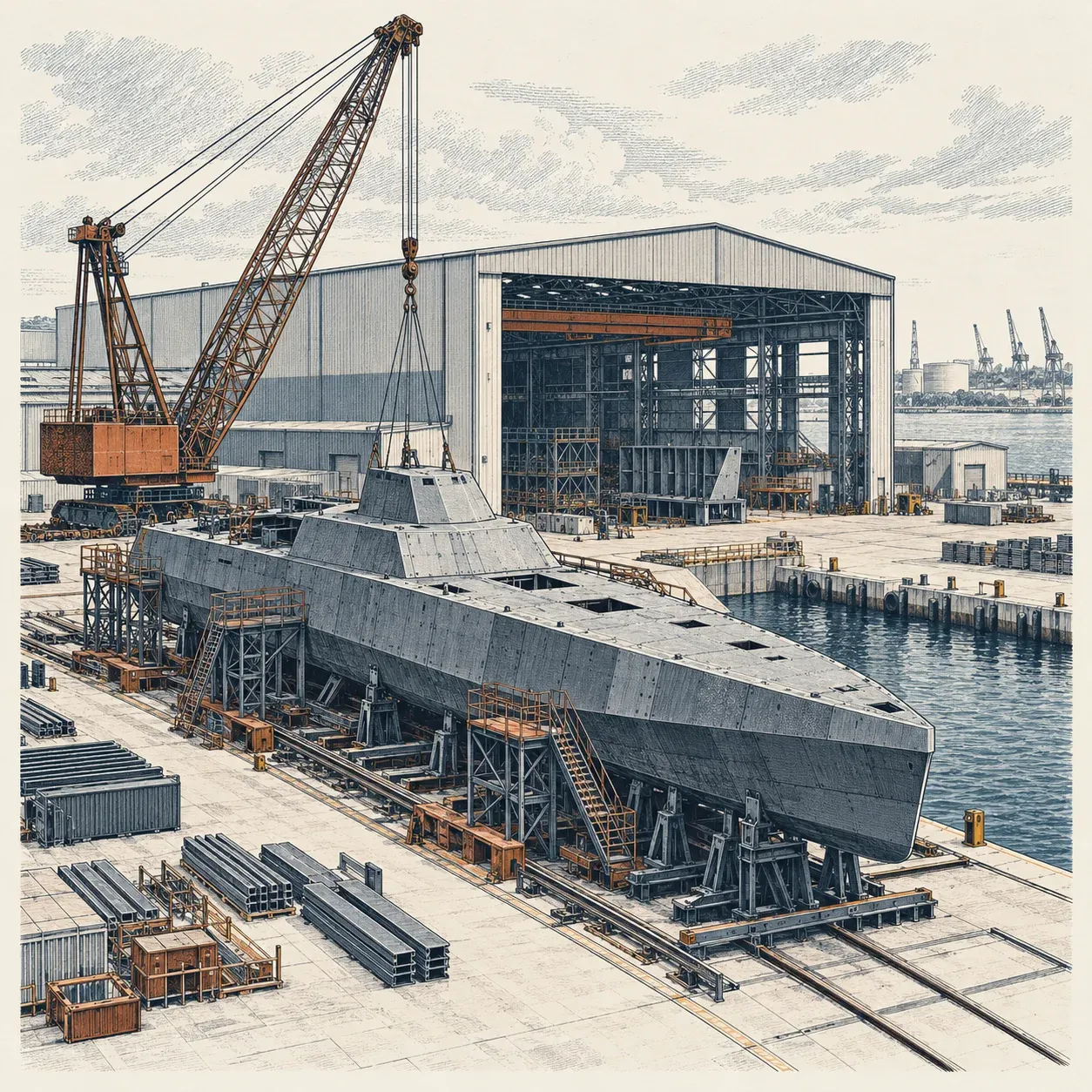 Engraved illustration of a generic ship hull under construction beside a crane and fabrication shed.